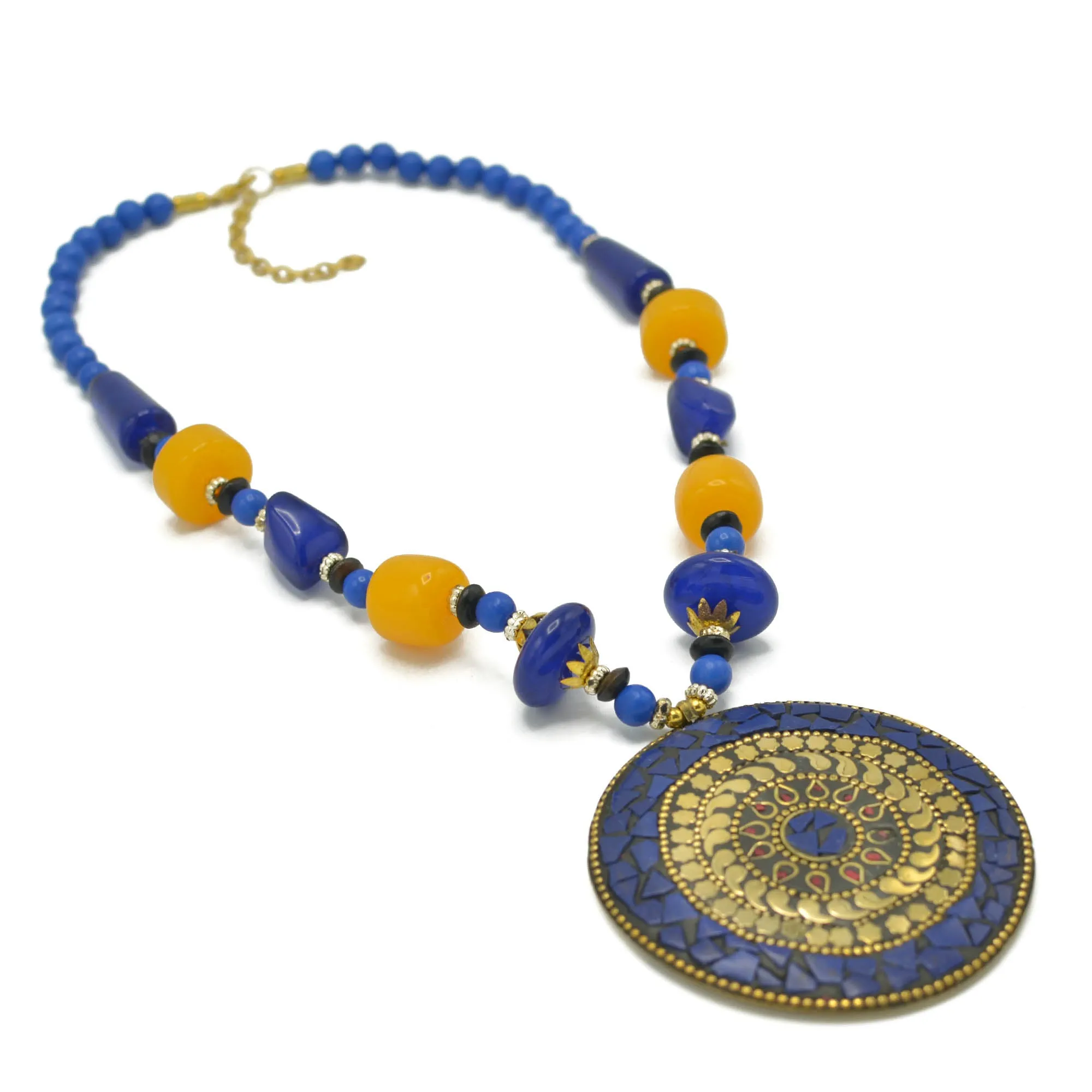 BLUE & AMBER BEADS WITH ROUND GOLD PENDANT NECKLACE #FWNK-2202-102