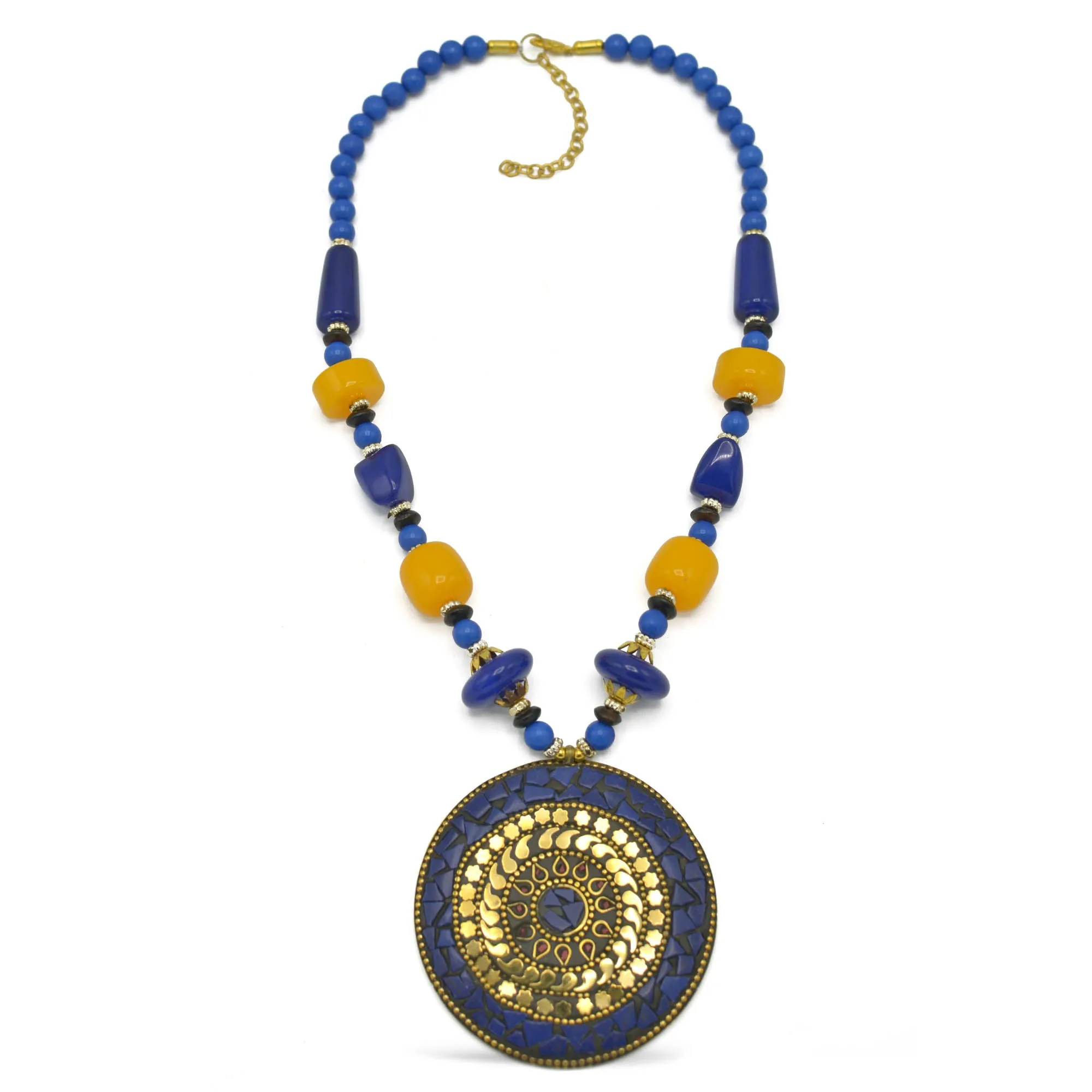 BLUE & AMBER BEADS WITH ROUND GOLD PENDANT NECKLACE #FWNK-2202-102