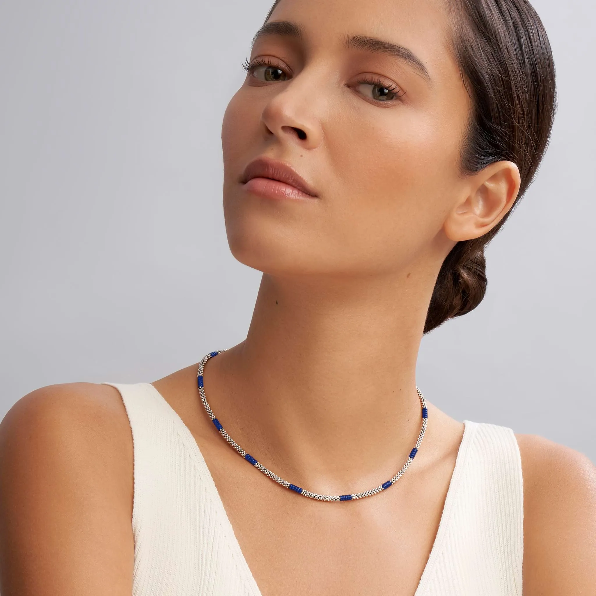 Blue Caviar Ultramarine Silver Station Ceramic Beaded Necklace 3mm