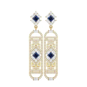 Blue Sapphire Cylindrical Long Drop Dangle Women Earrings 9k Yellow Gold