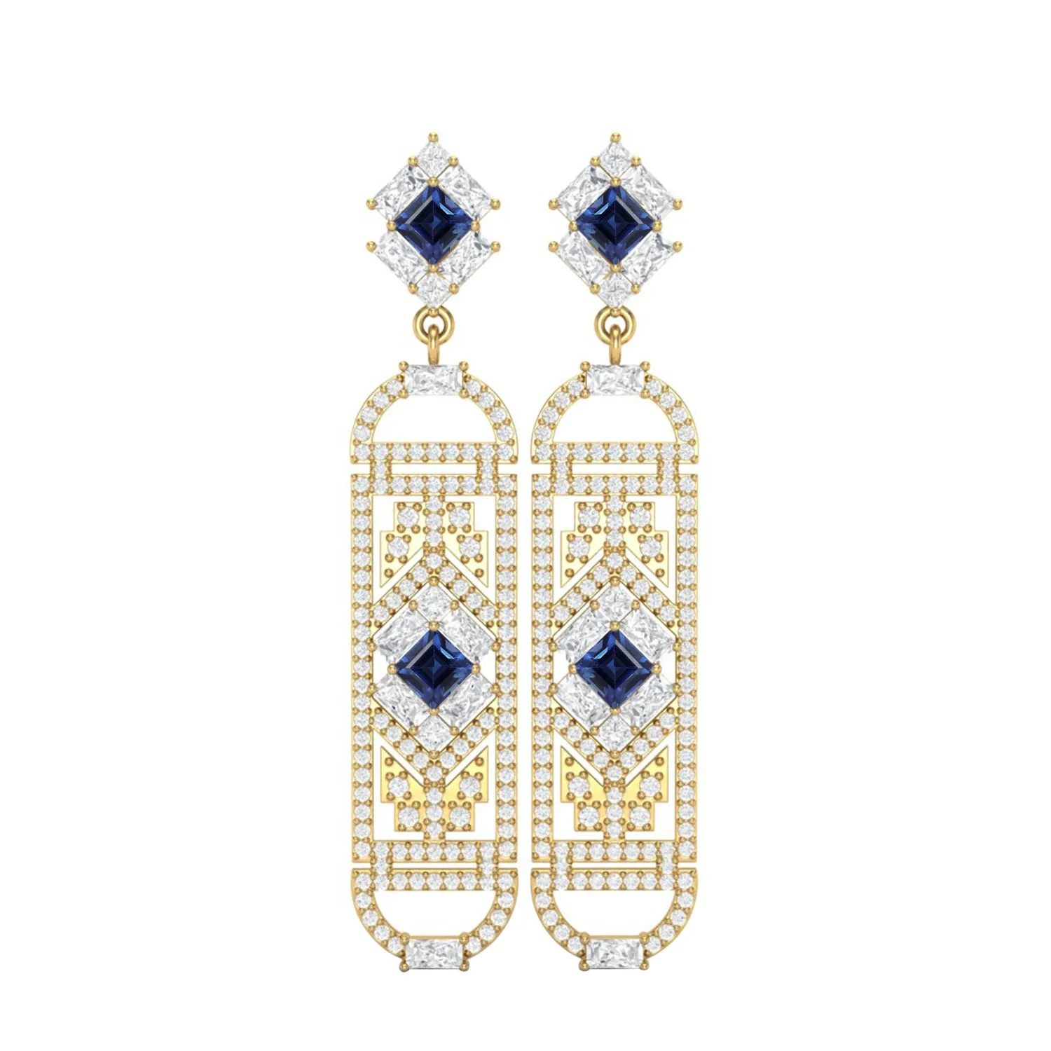 Blue Sapphire Cylindrical Long Drop Dangle Women Earrings 9k Yellow Gold