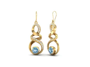 Blue Topaz 5mm Round 9k Yellow Gold Infinity Dangle Women Earrings