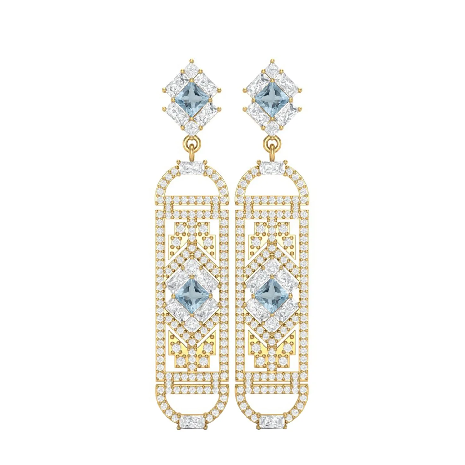 Blue Topaz Cylindrical Long Drop Dangle Women Earrings 9k Yellow Gold