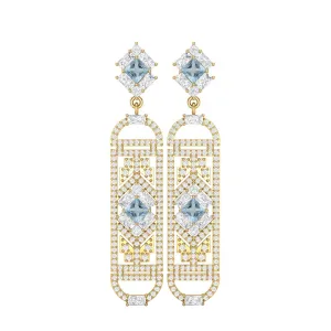Blue Topaz Cylindrical Long Drop Dangle Women Earrings 9k Yellow Gold