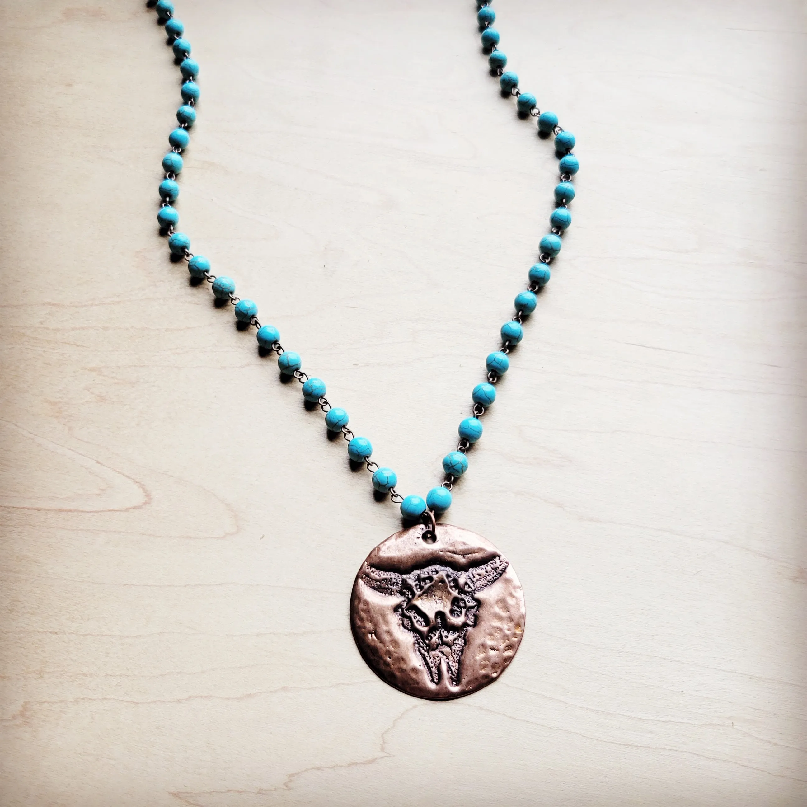 **Blue Turquoise Beaded Necklace w/ Longhorn Pendant 260k