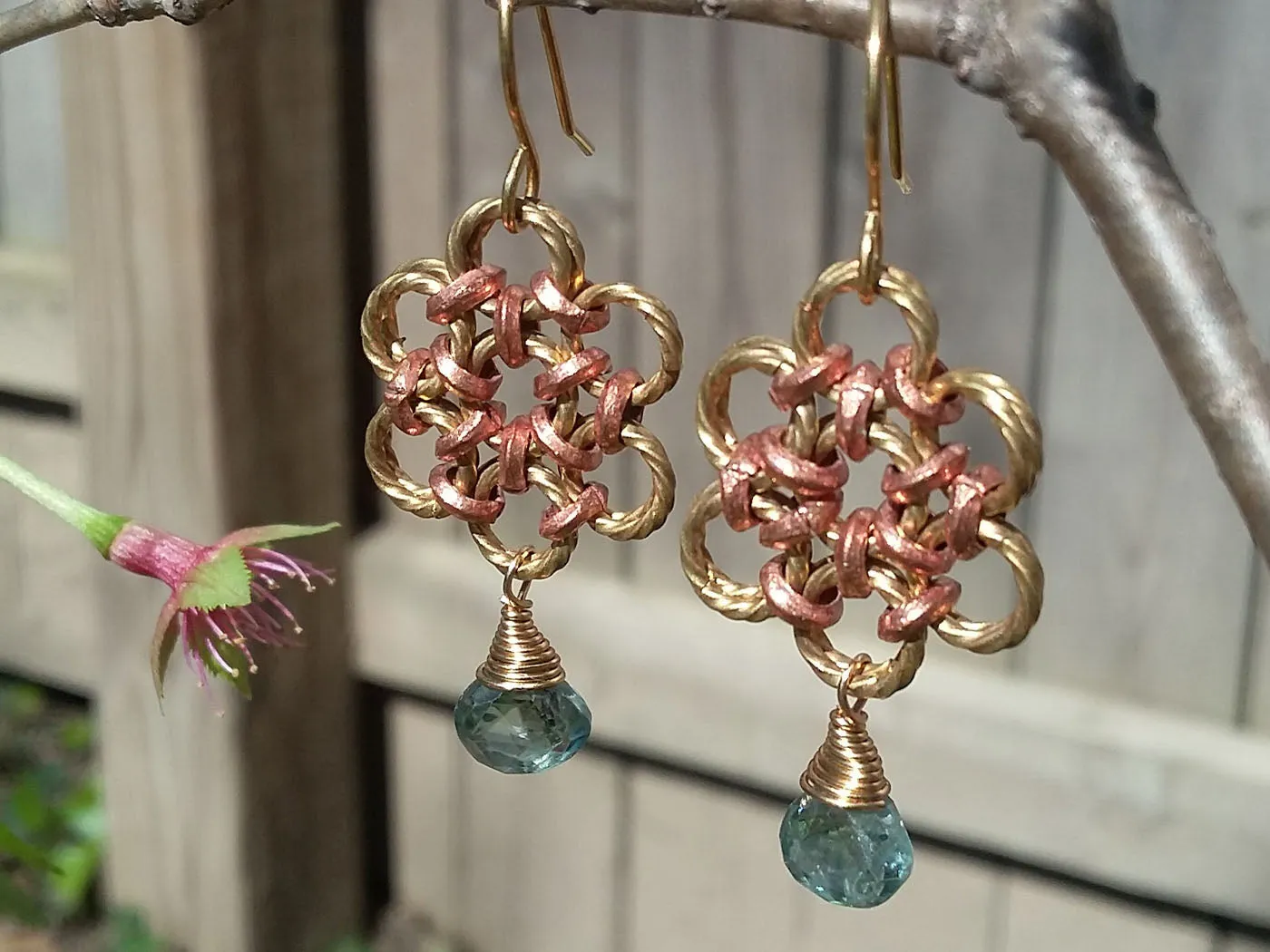 Brass & Copper Blue, Zircon Flower Earrings