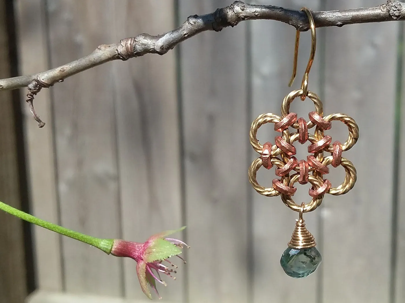 Brass & Copper Blue, Zircon Flower Earrings