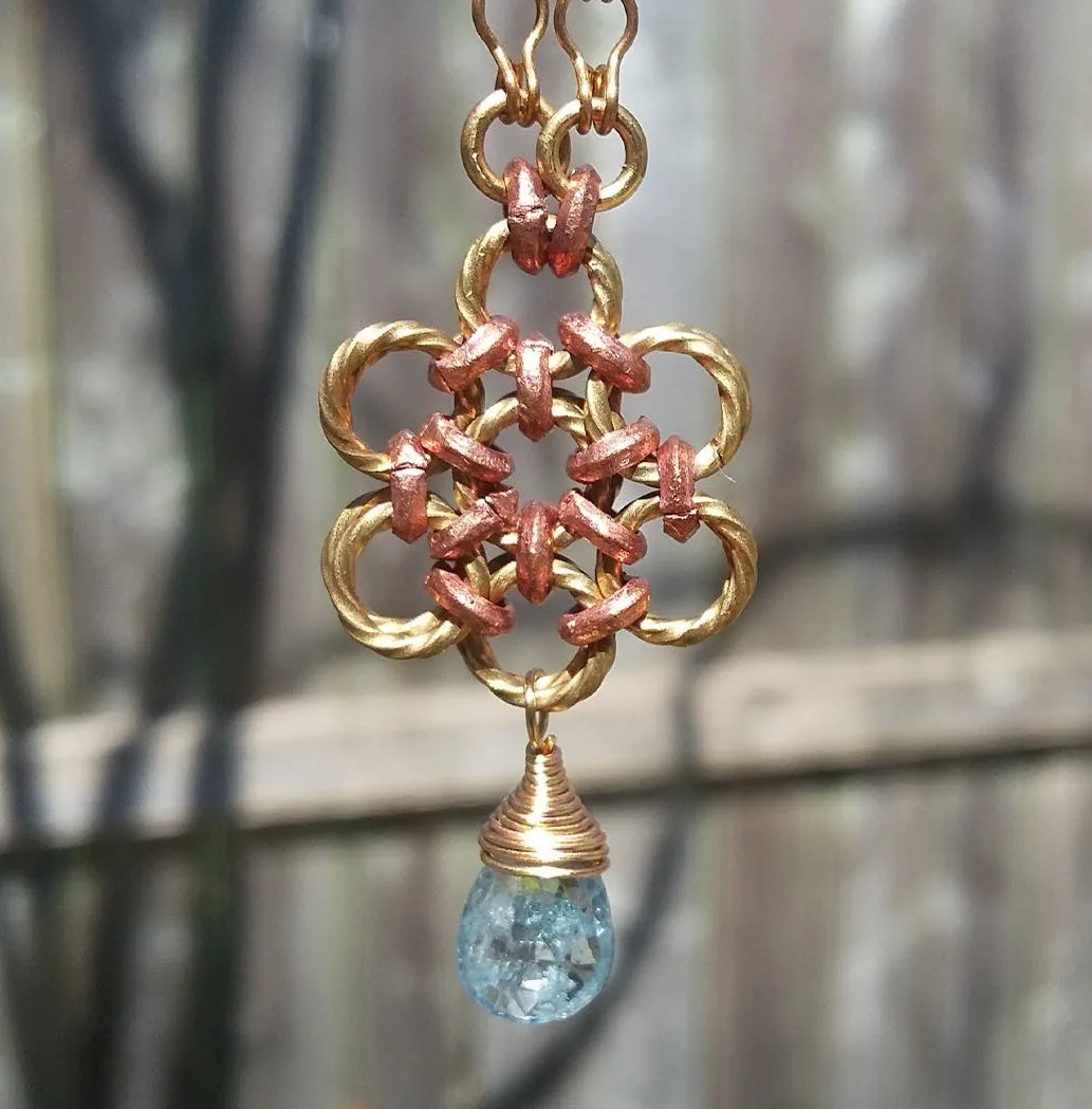 Brass & Copper Blue, Zircon Flower Pendant Necklace