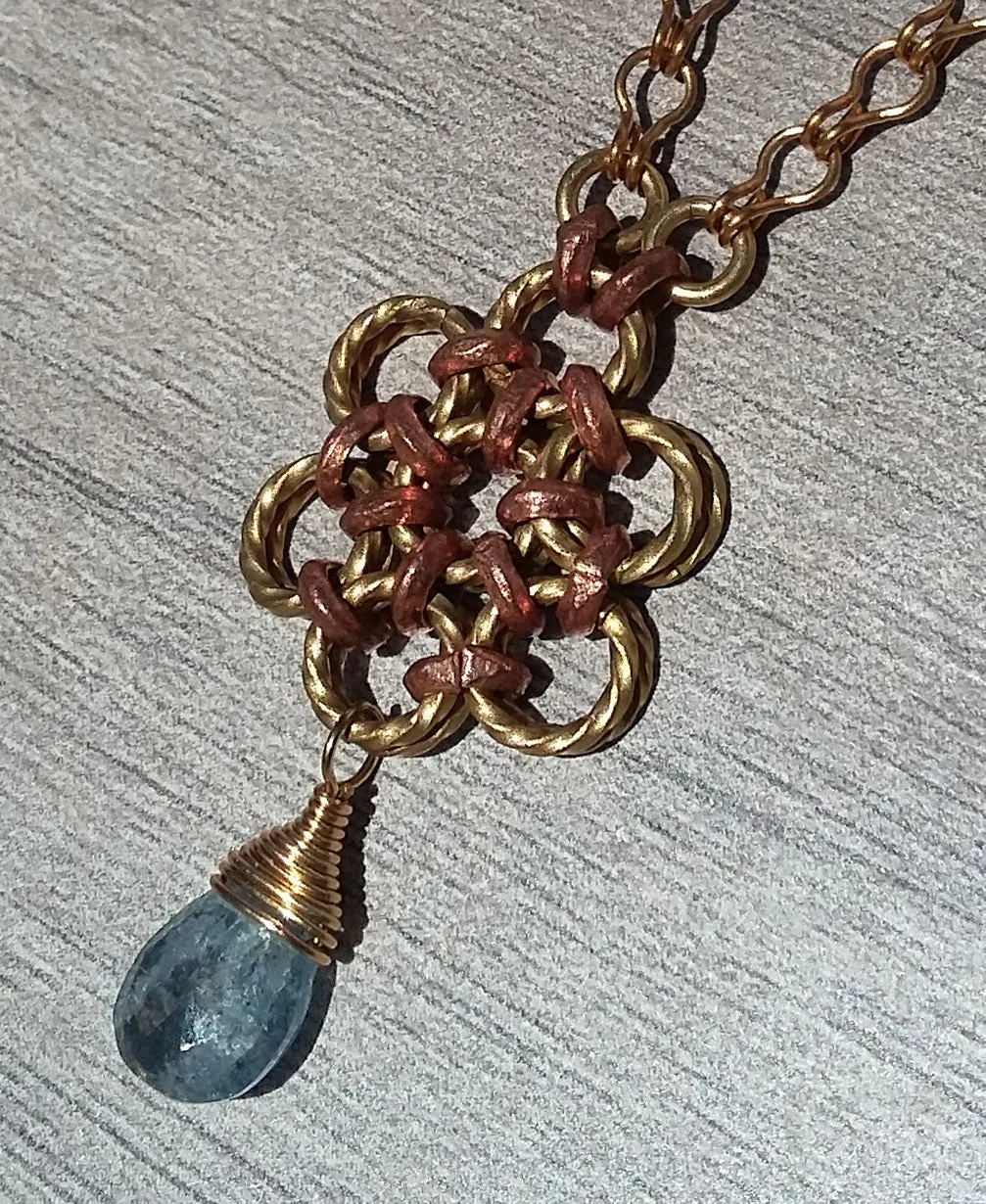 Brass & Copper Blue, Zircon Flower Pendant Necklace
