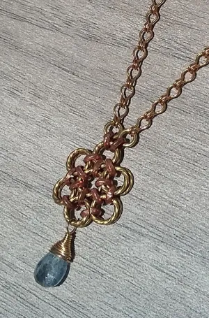 Brass & Copper Blue, Zircon Flower Pendant Necklace