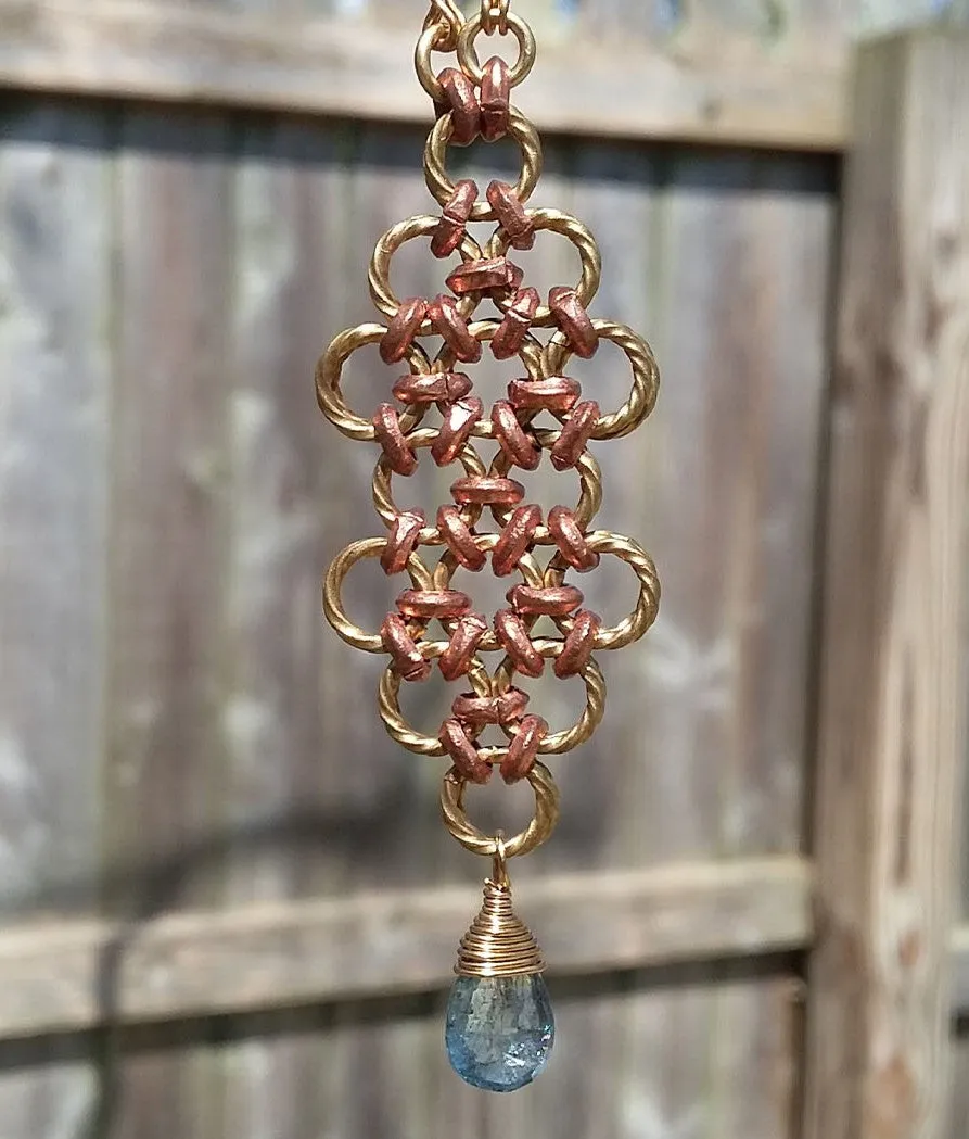 Brass & Copper Blue, Zircon Long Pendant Necklace