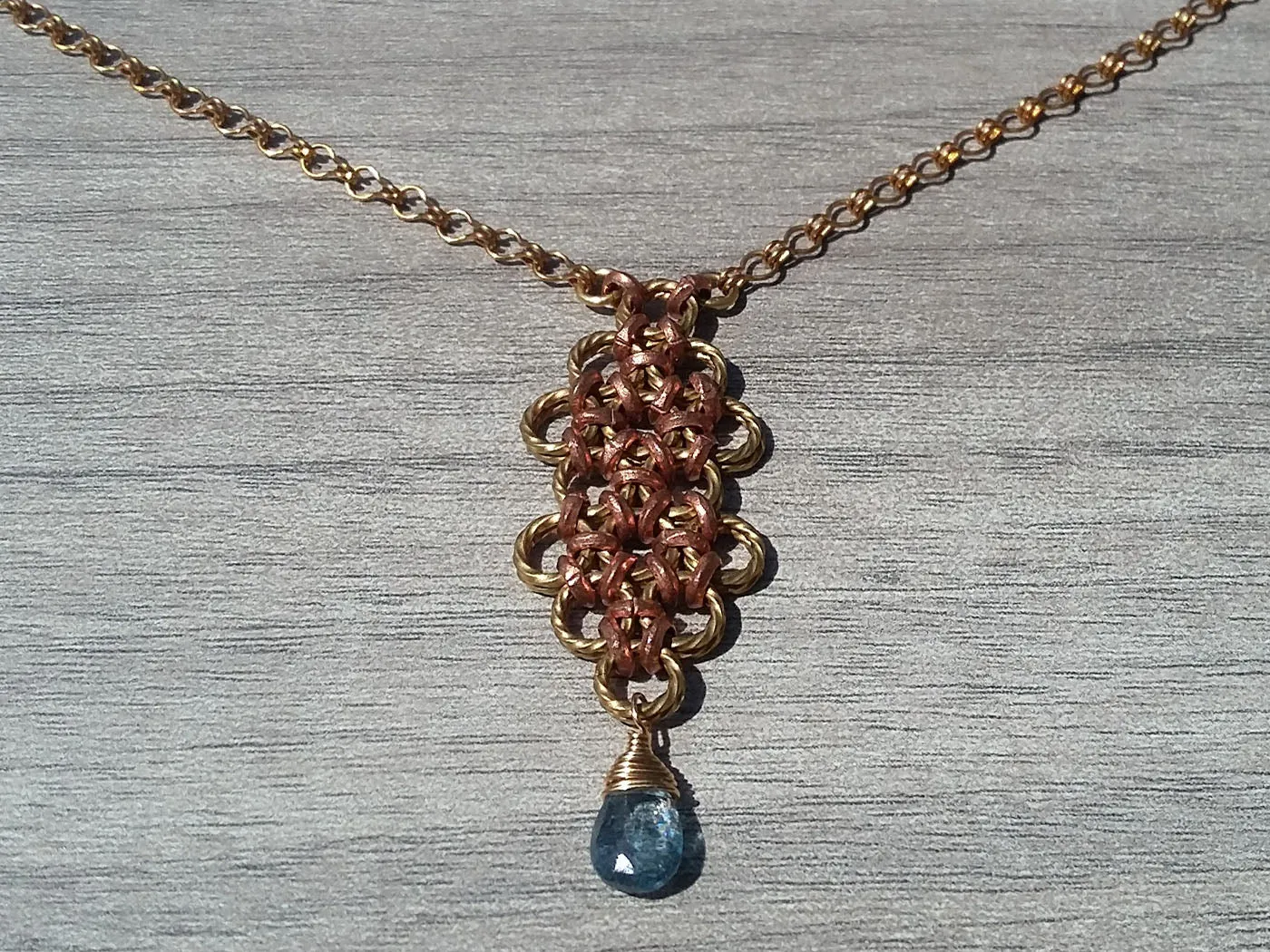 Brass & Copper Blue, Zircon Long Pendant Necklace