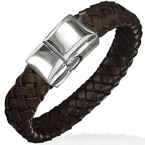 Brown Genuine Leather Braided Silver-Tone Stainless Steel Wristband Mens Bracelet