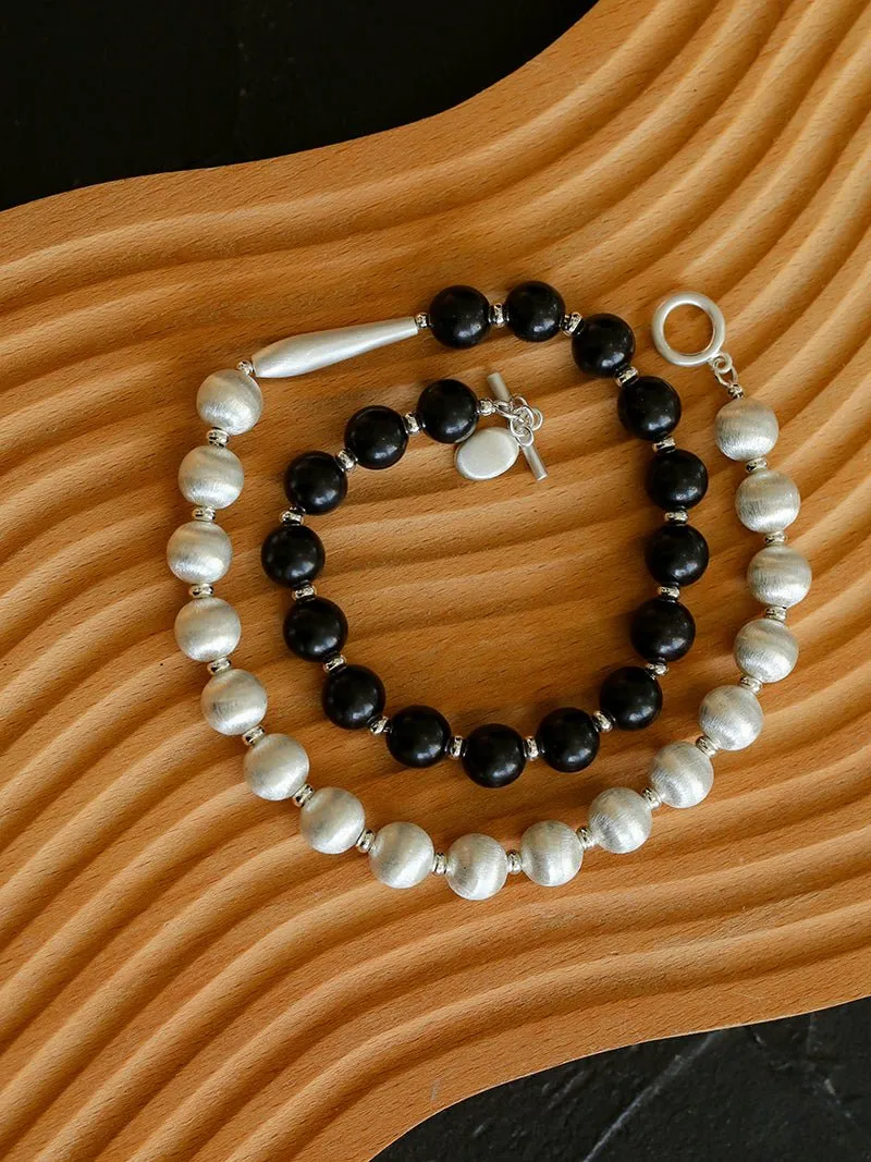 Brushed Bead & Ebony Wood Sphere Necklace