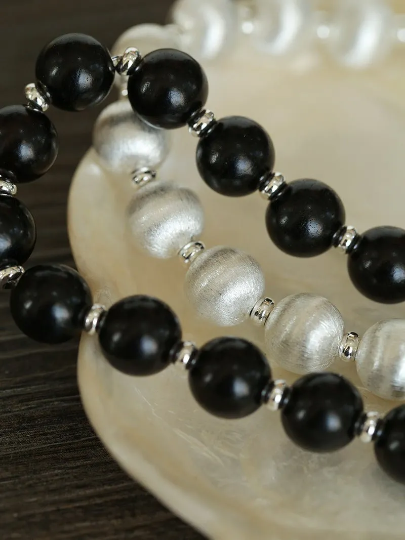 Brushed Bead & Ebony Wood Sphere Necklace