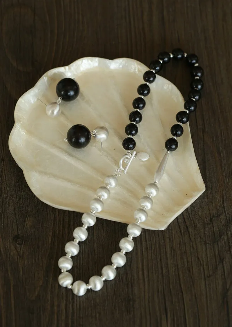 Brushed Bead & Ebony Wood Sphere Necklace