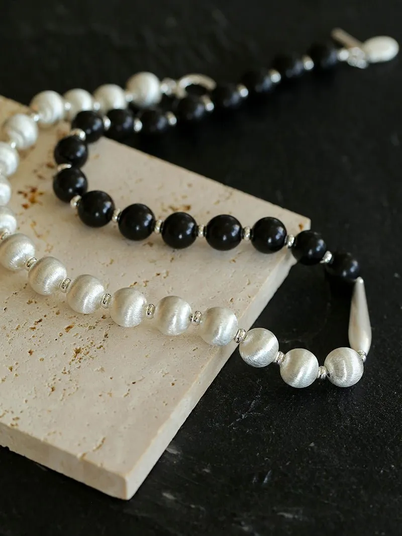 Brushed Bead & Ebony Wood Sphere Necklace