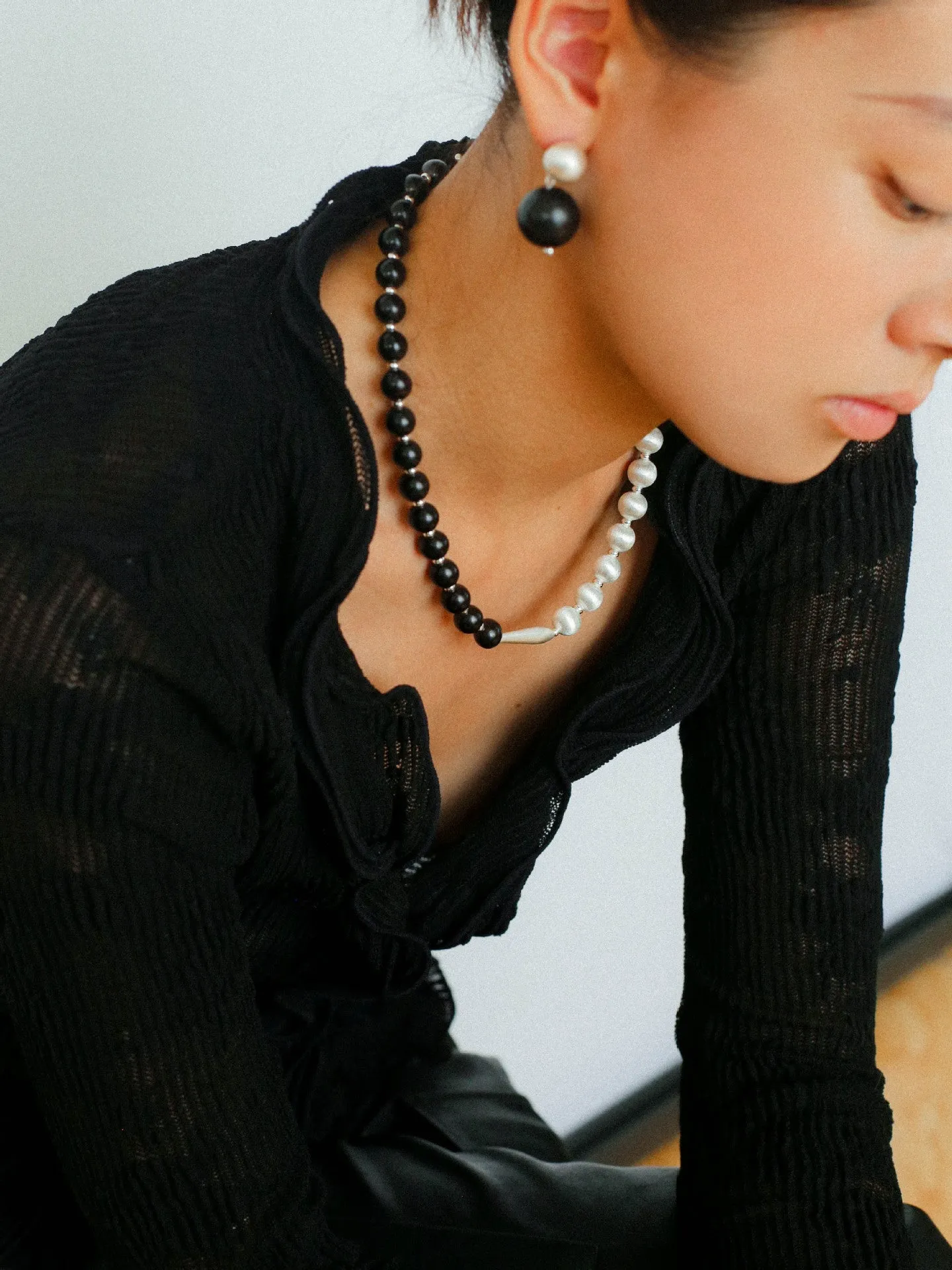 Brushed Bead & Ebony Wood Sphere Necklace