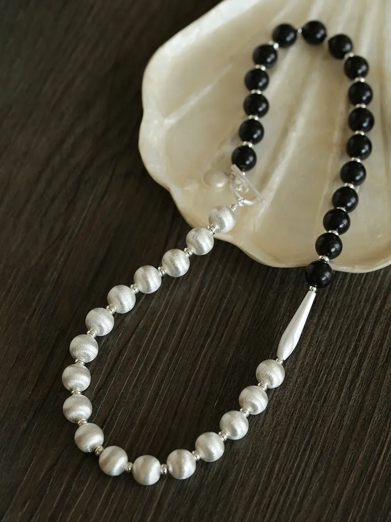 Brushed Bead & Ebony Wood Sphere Necklace