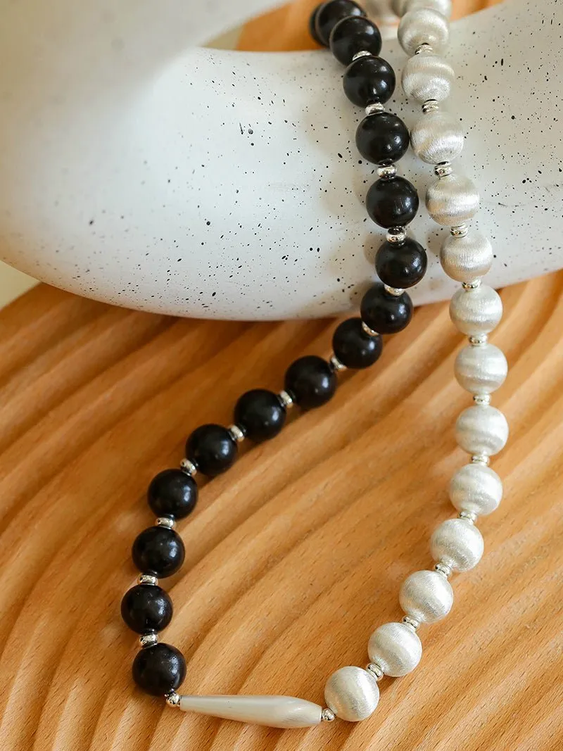 Brushed Bead & Ebony Wood Sphere Necklace