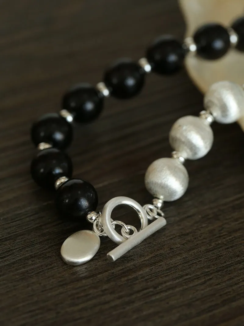 Brushed Bead & Ebony Wood Sphere Necklace