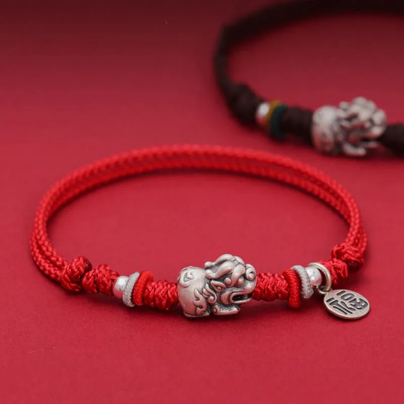 Buddha Stones 925 Sterling Silver PiXiu Fu Character Wealth Luck Handmade Braided Bracelet