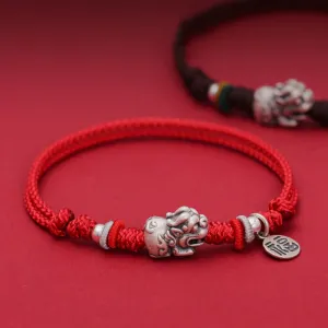 Buddha Stones 925 Sterling Silver PiXiu Fu Character Wealth Luck Handmade Braided Bracelet