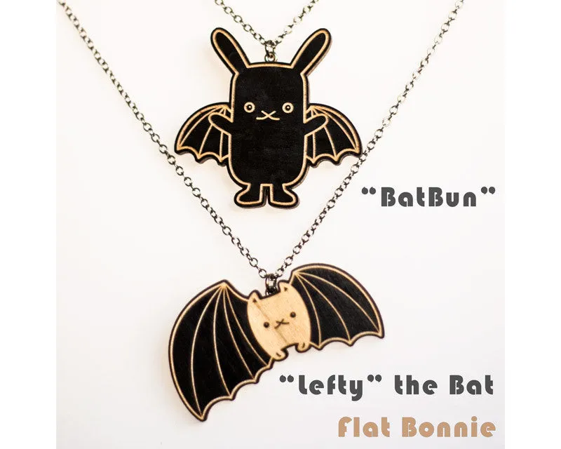 Bunny x Bat and Lefty the Bat wood necklace