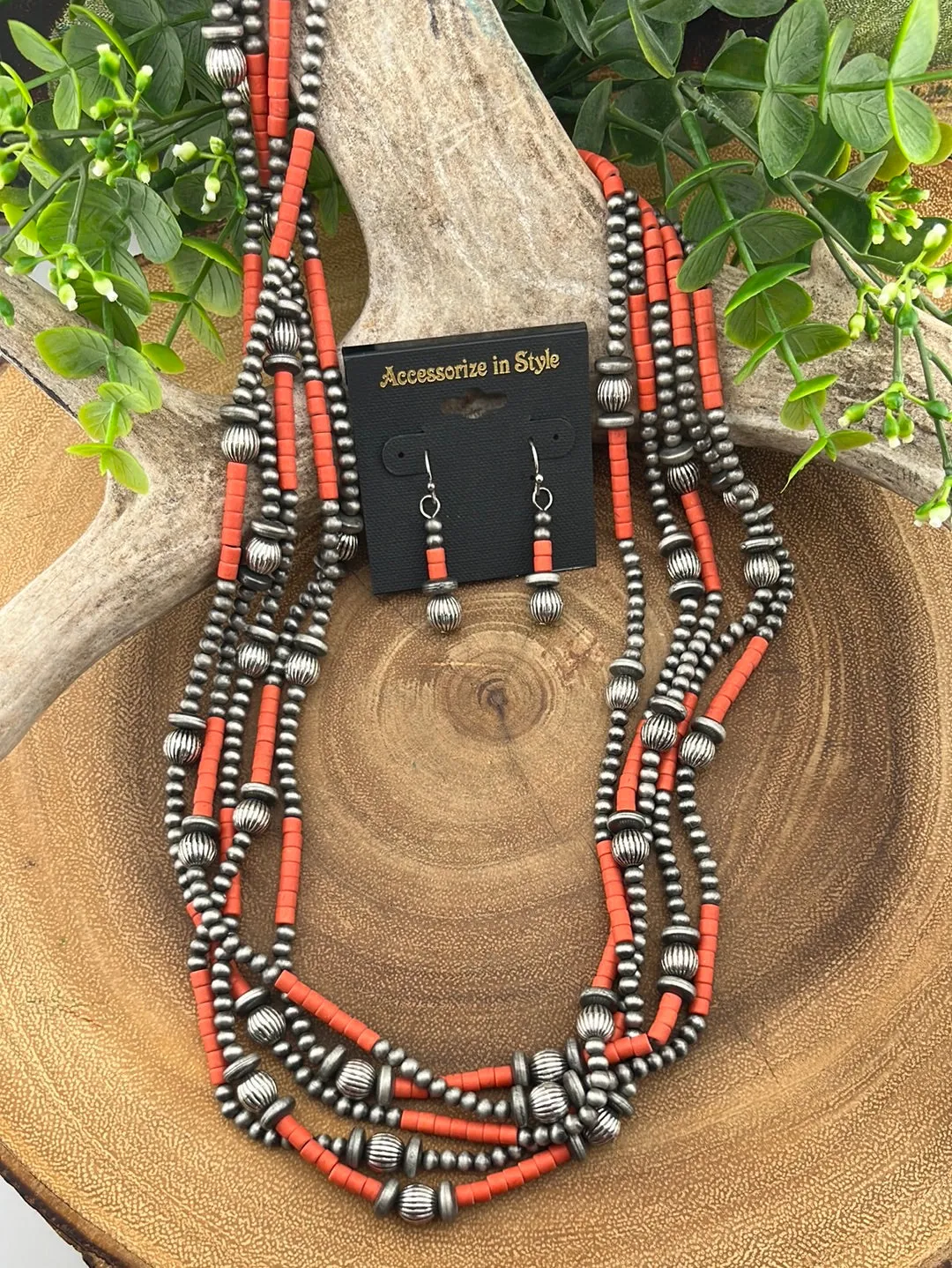Callicarpa 5 Strand Fashion Beaded Varied Navajo Necklace, Earrings & Bracelet - Red