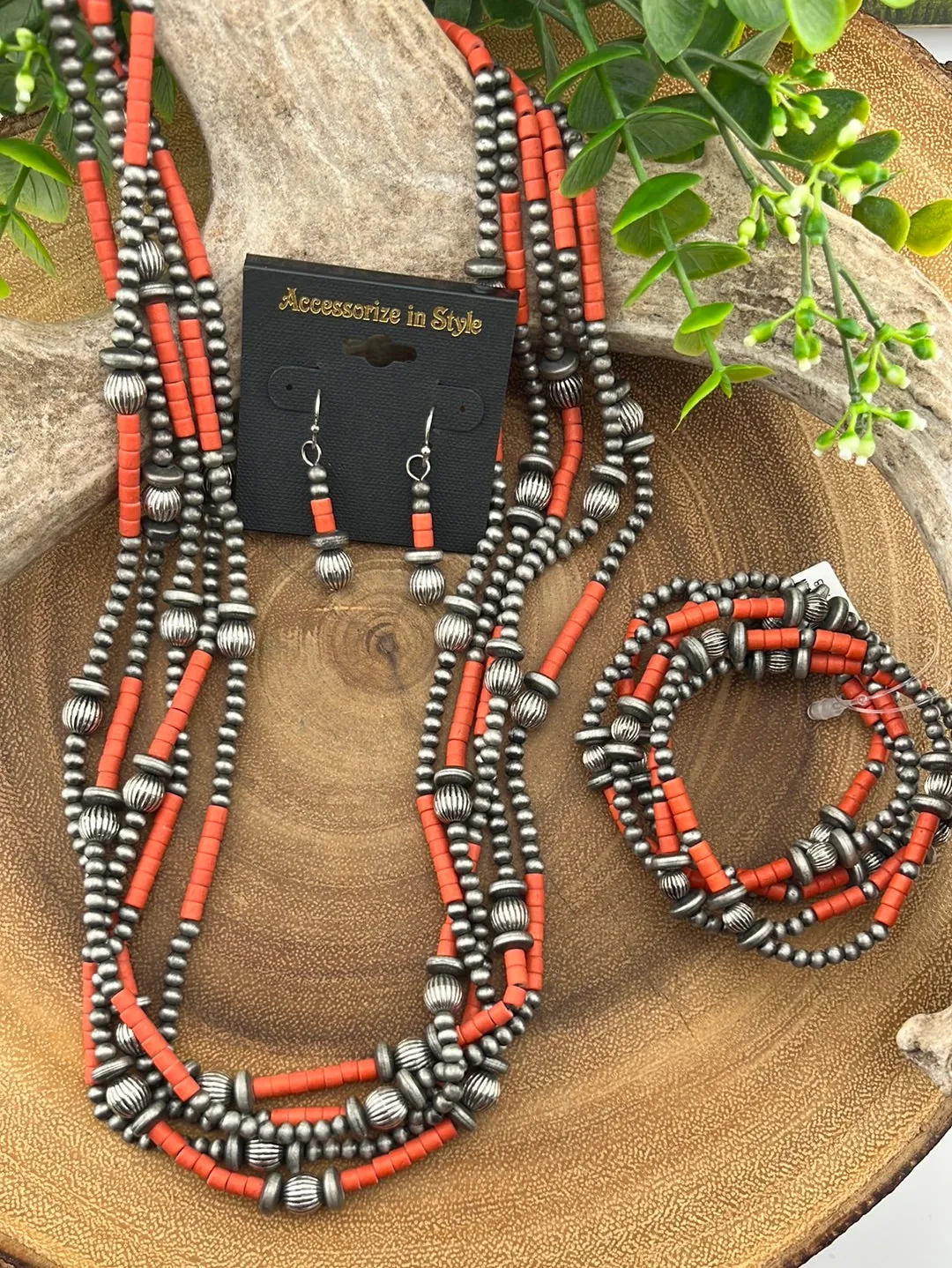 Callicarpa 5 Strand Fashion Beaded Varied Navajo Necklace, Earrings & Bracelet - Red