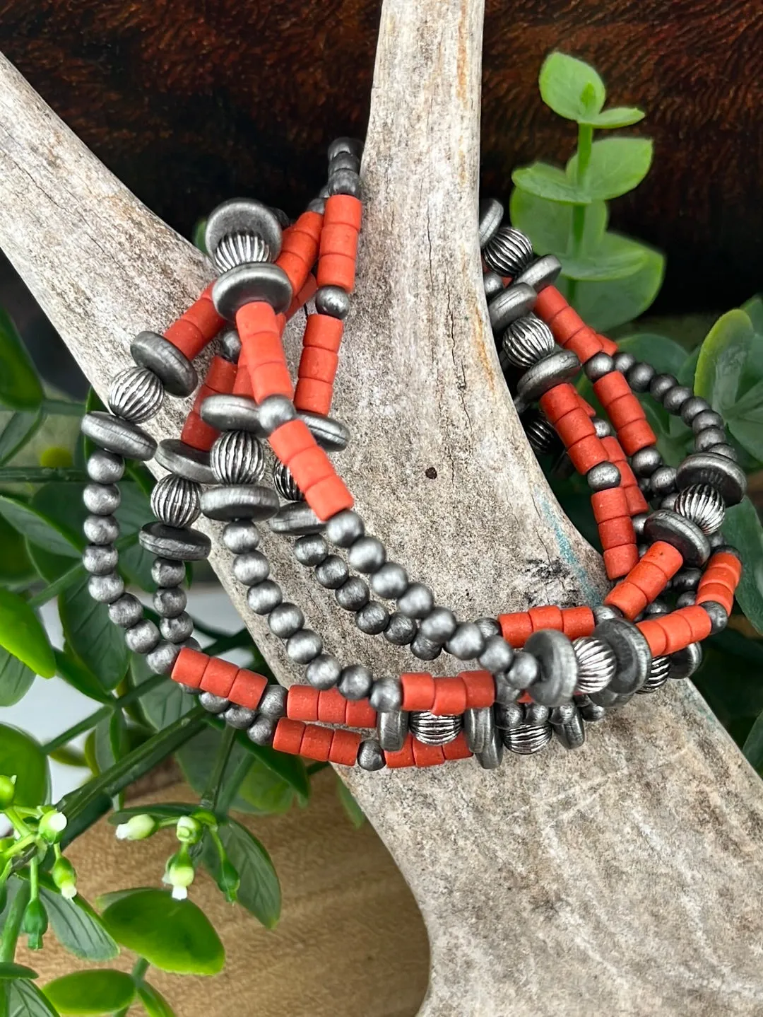 Callicarpa 5 Strand Fashion Beaded Varied Navajo Necklace, Earrings & Bracelet - Red