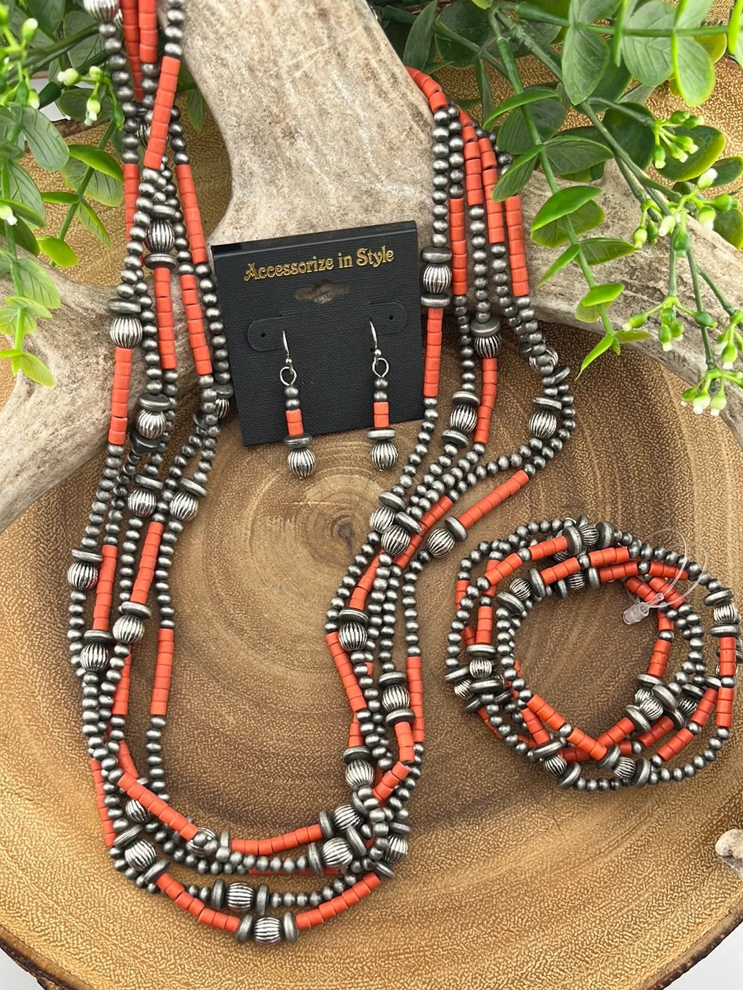 Callicarpa 5 Strand Fashion Beaded Varied Navajo Necklace, Earrings & Bracelet - Red