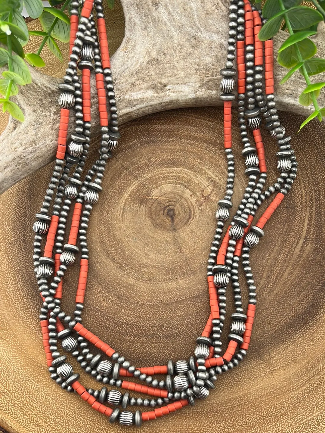 Callicarpa 5 Strand Fashion Beaded Varied Navajo Necklace, Earrings & Bracelet - Red