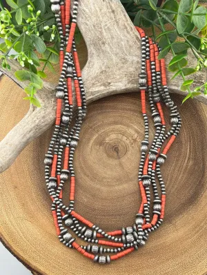 Callicarpa 5 Strand Fashion Beaded Varied Navajo Necklace, Earrings & Bracelet - Red