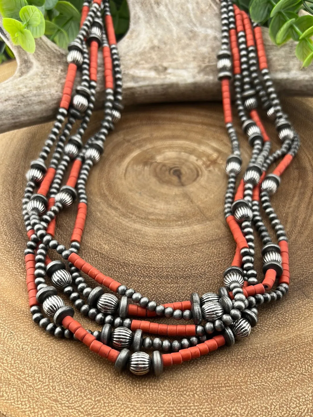 Callicarpa 5 Strand Fashion Beaded Varied Navajo Necklace, Earrings & Bracelet - Red