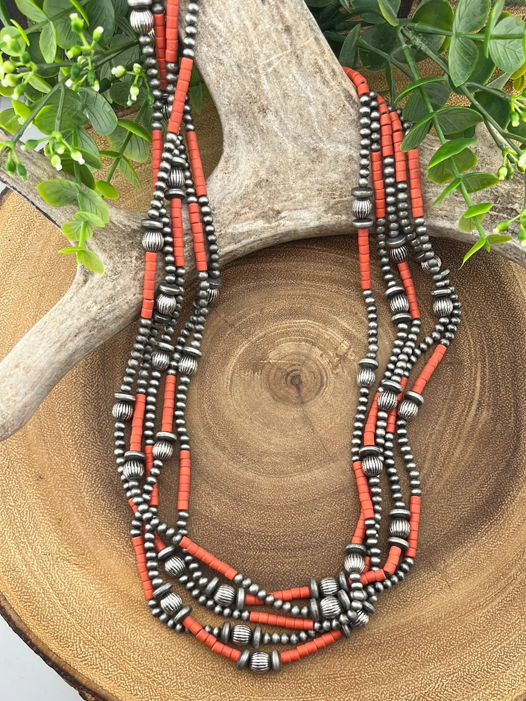 Callicarpa 5 Strand Fashion Beaded Varied Navajo Necklace, Earrings & Bracelet - Red