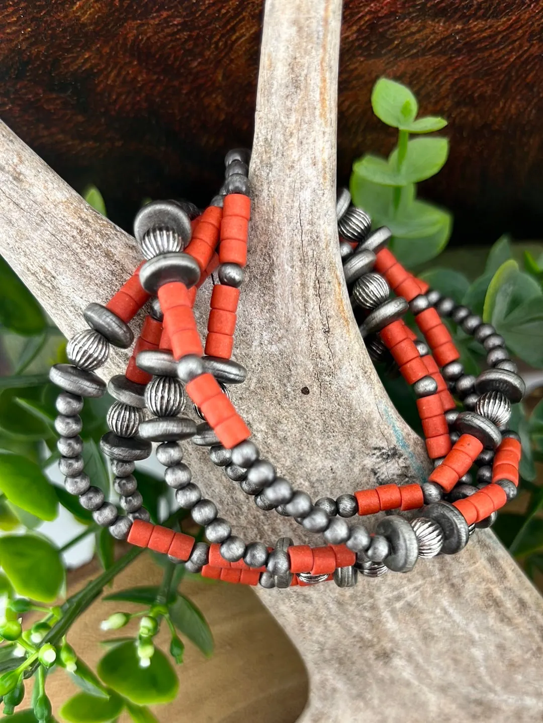 Callicarpa 5 Strand Fashion Beaded Varied Navajo Necklace, Earrings & Bracelet - Red