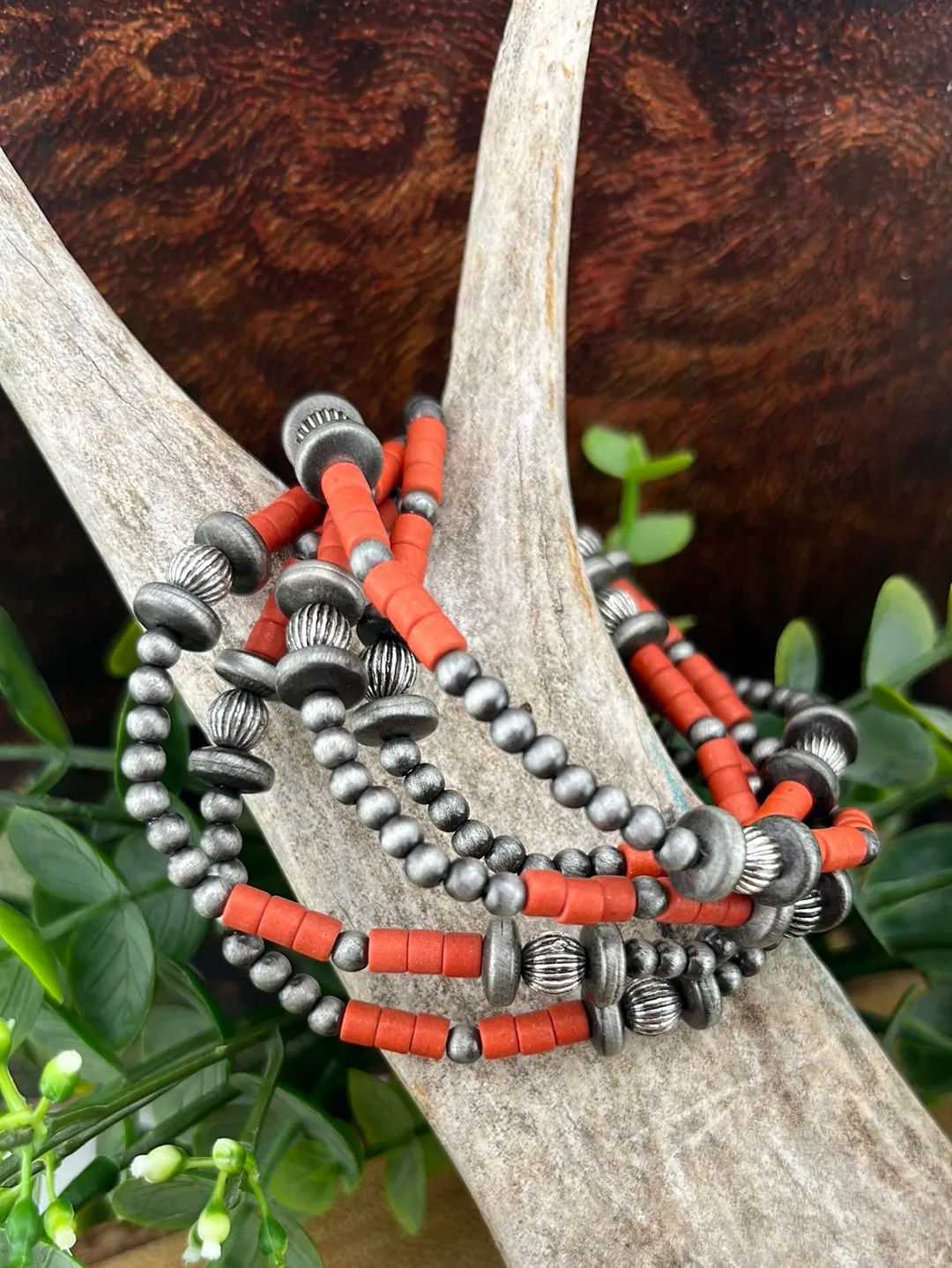 Callicarpa 5 Strand Fashion Beaded Varied Navajo Necklace, Earrings & Bracelet - Red