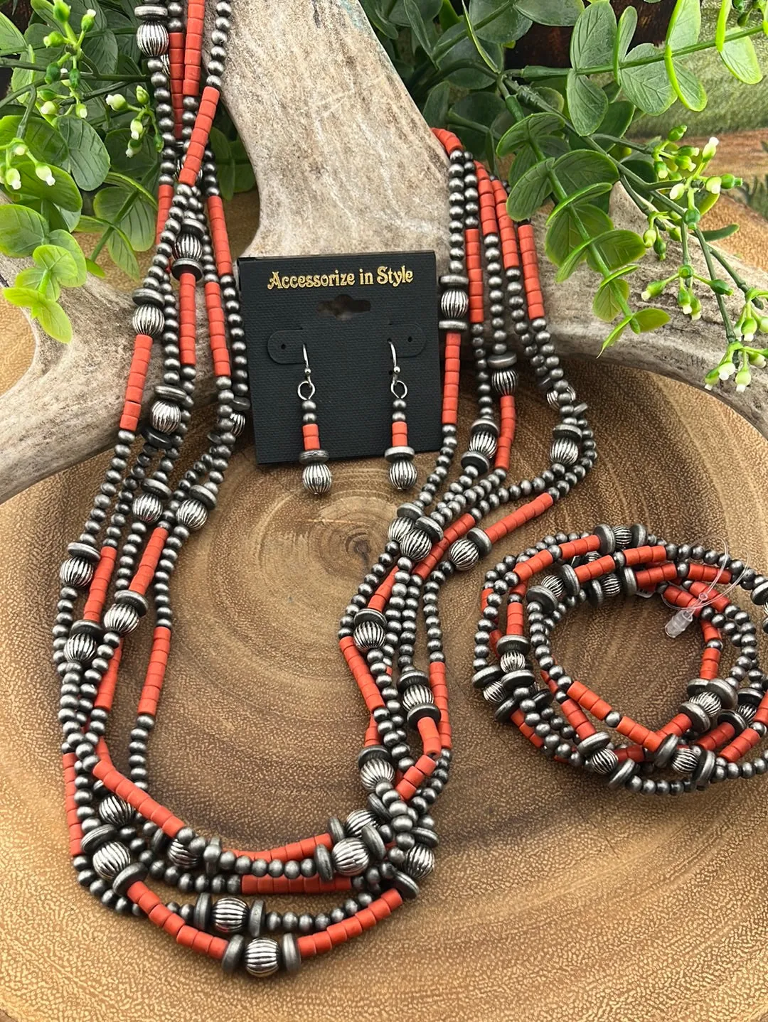 Callicarpa 5 Strand Fashion Beaded Varied Navajo Necklace, Earrings & Bracelet - Red