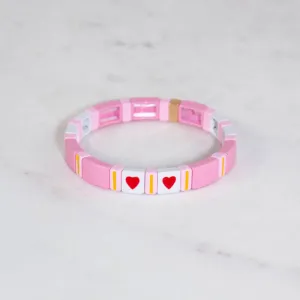 Carrie Rhea - Pink Tile Bracelet with Hearts (Mustard)