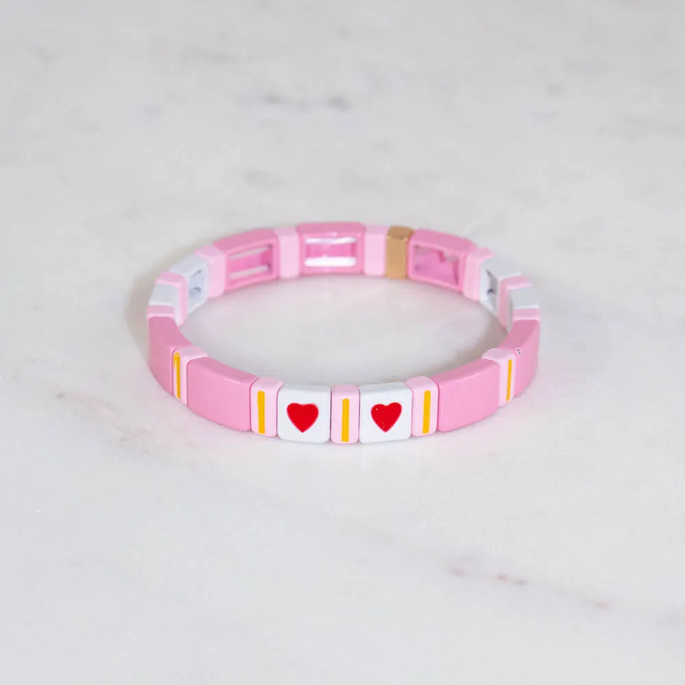 Carrie Rhea - Pink Tile Bracelet with Hearts (Mustard)