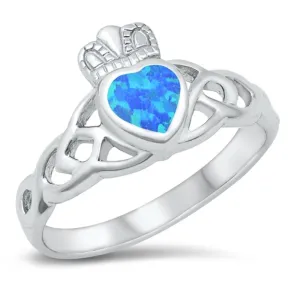 Celtic Claddagh Love Ring Blue Lab Opal New .925 Sterling Silver Band Sizes 5-10