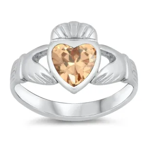 Champagne CZ Claddagh Heart Promise Ring New 925 Sterling Silver Band Sizes 4-10