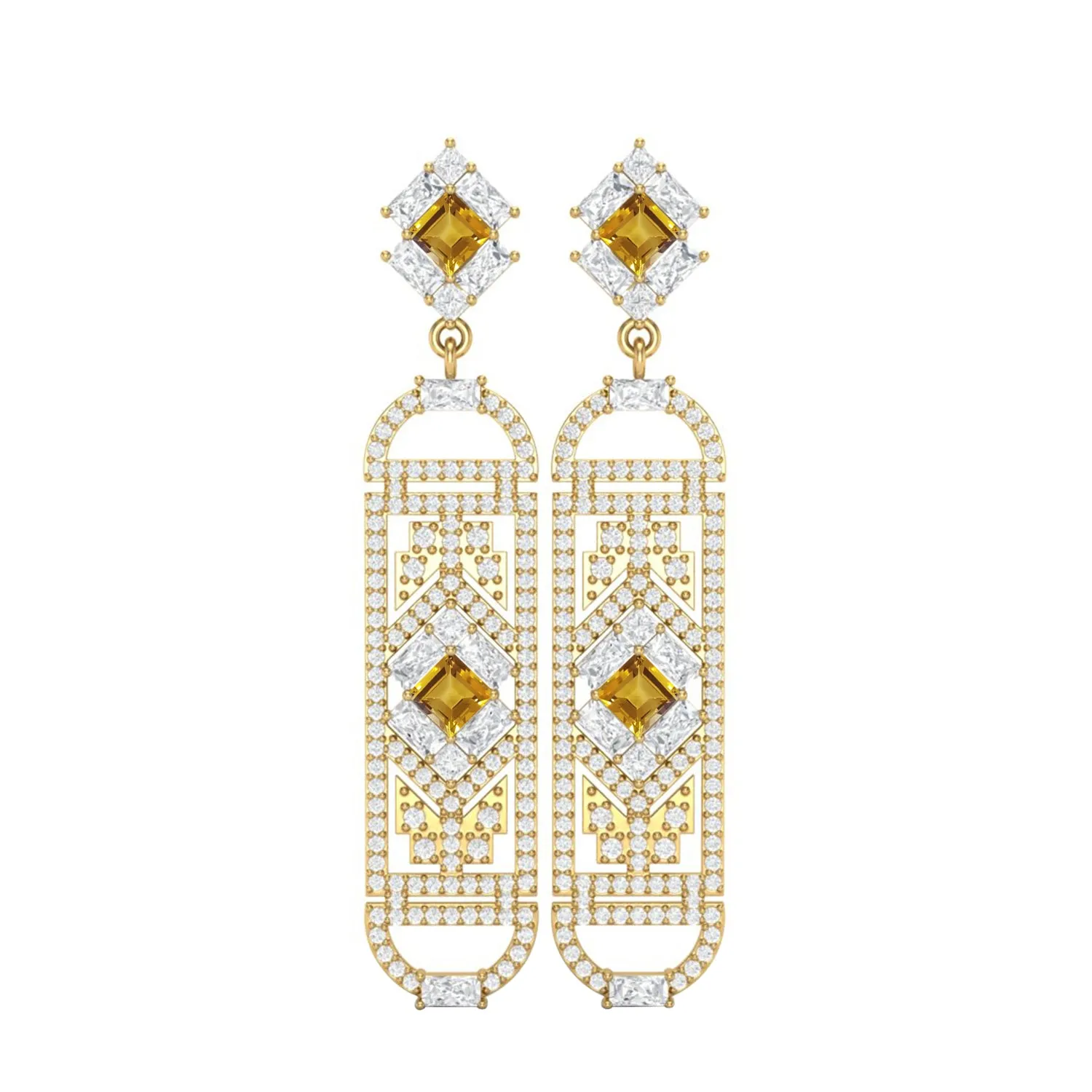 Citrine Cylindrical Long Drop Dangle Women Earrings 9k Yellow Gold