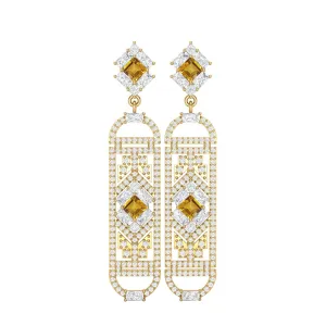 Citrine Cylindrical Long Drop Dangle Women Earrings 9k Yellow Gold