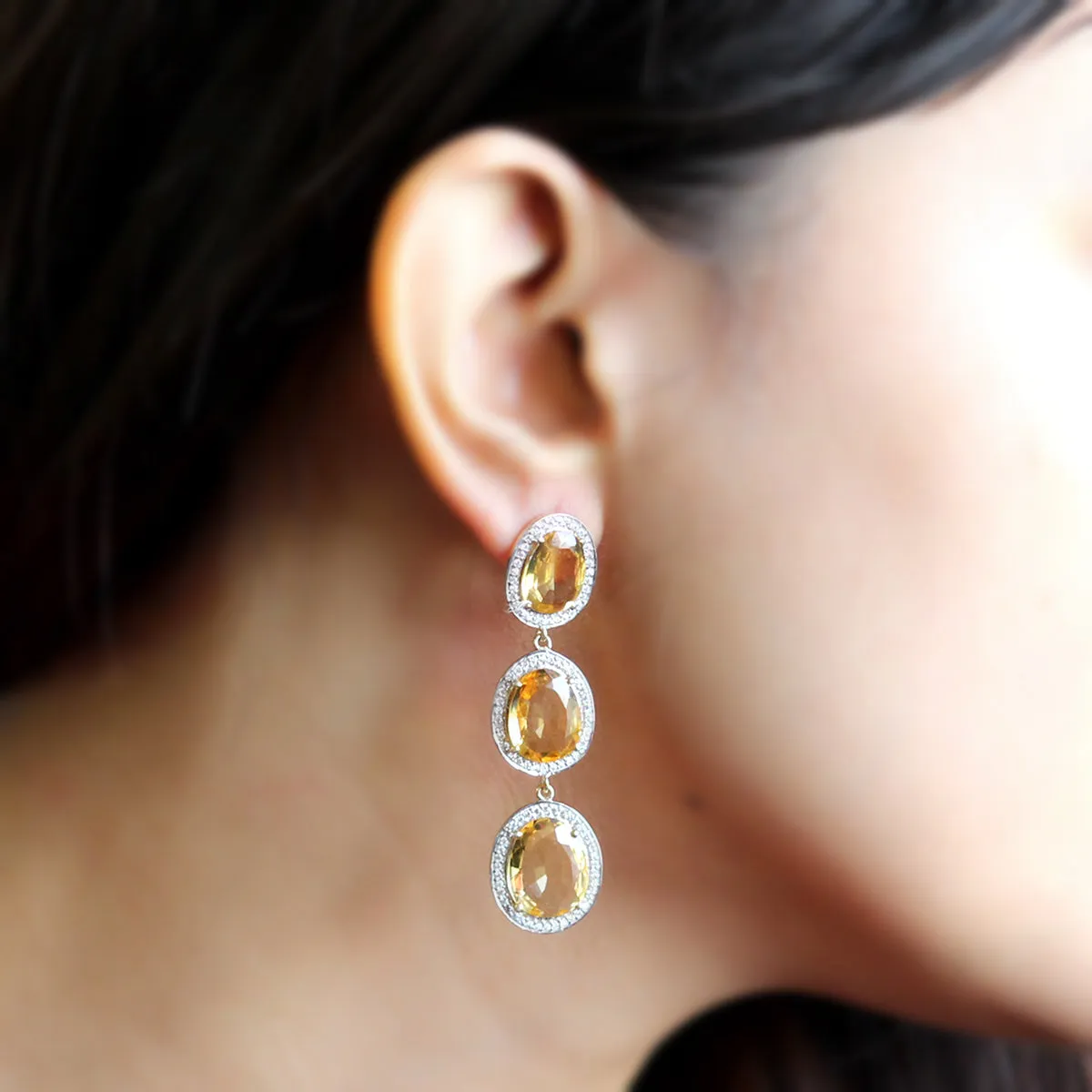 Citrine Long Triple Drop Fine Dangling Earring