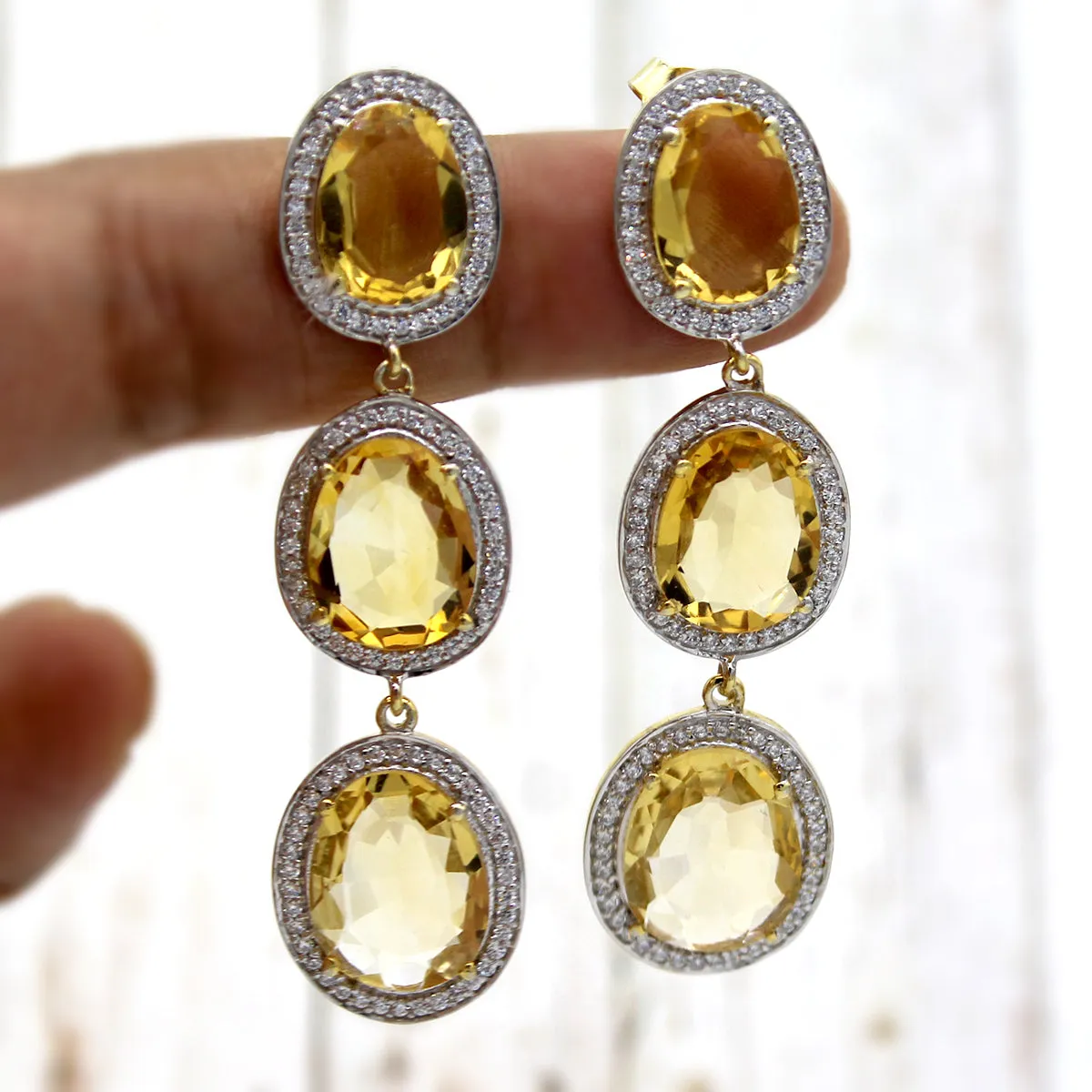Citrine Long Triple Drop Fine Dangling Earring