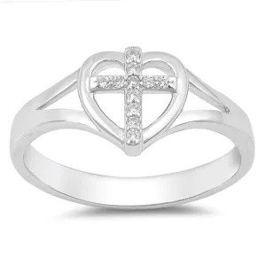 Clear CZ Cross Heart Christian Love Ring .925 Sterling Silver Band Sizes 4-10