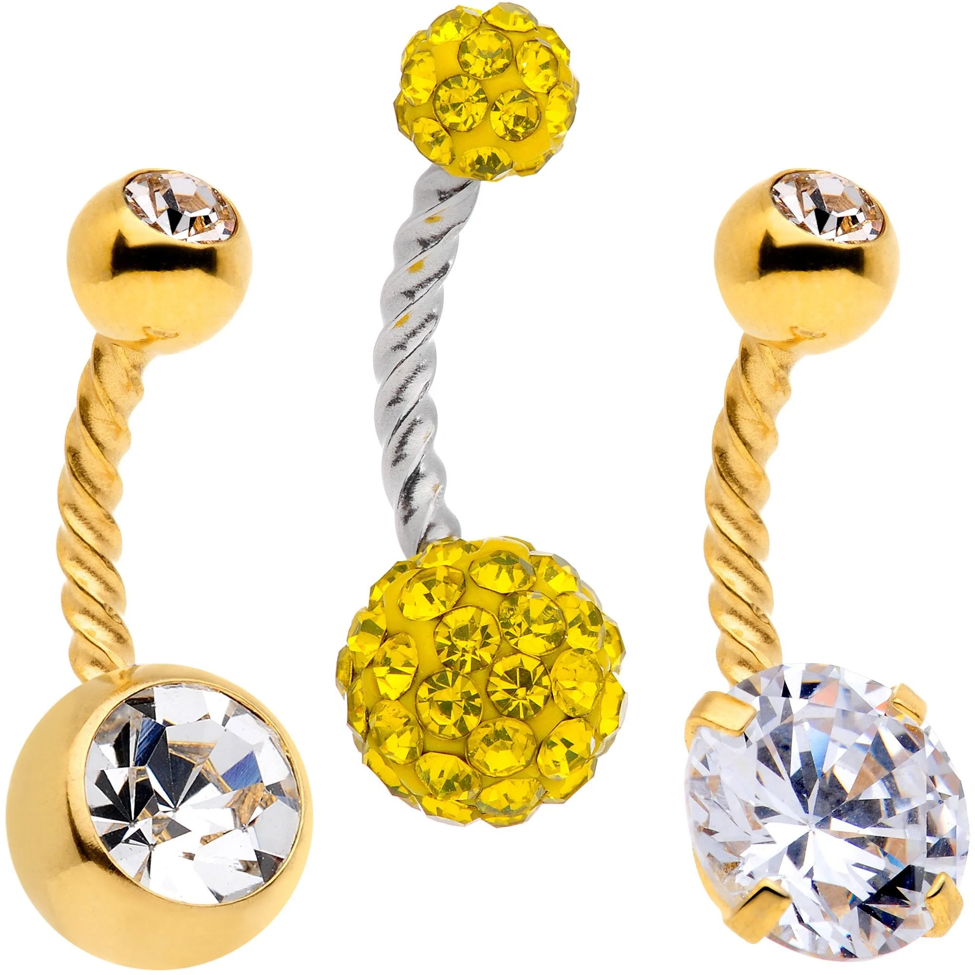 Clear Yellow Gem Gold Tone Thoroughly Twisted Belly Ring Set of 3