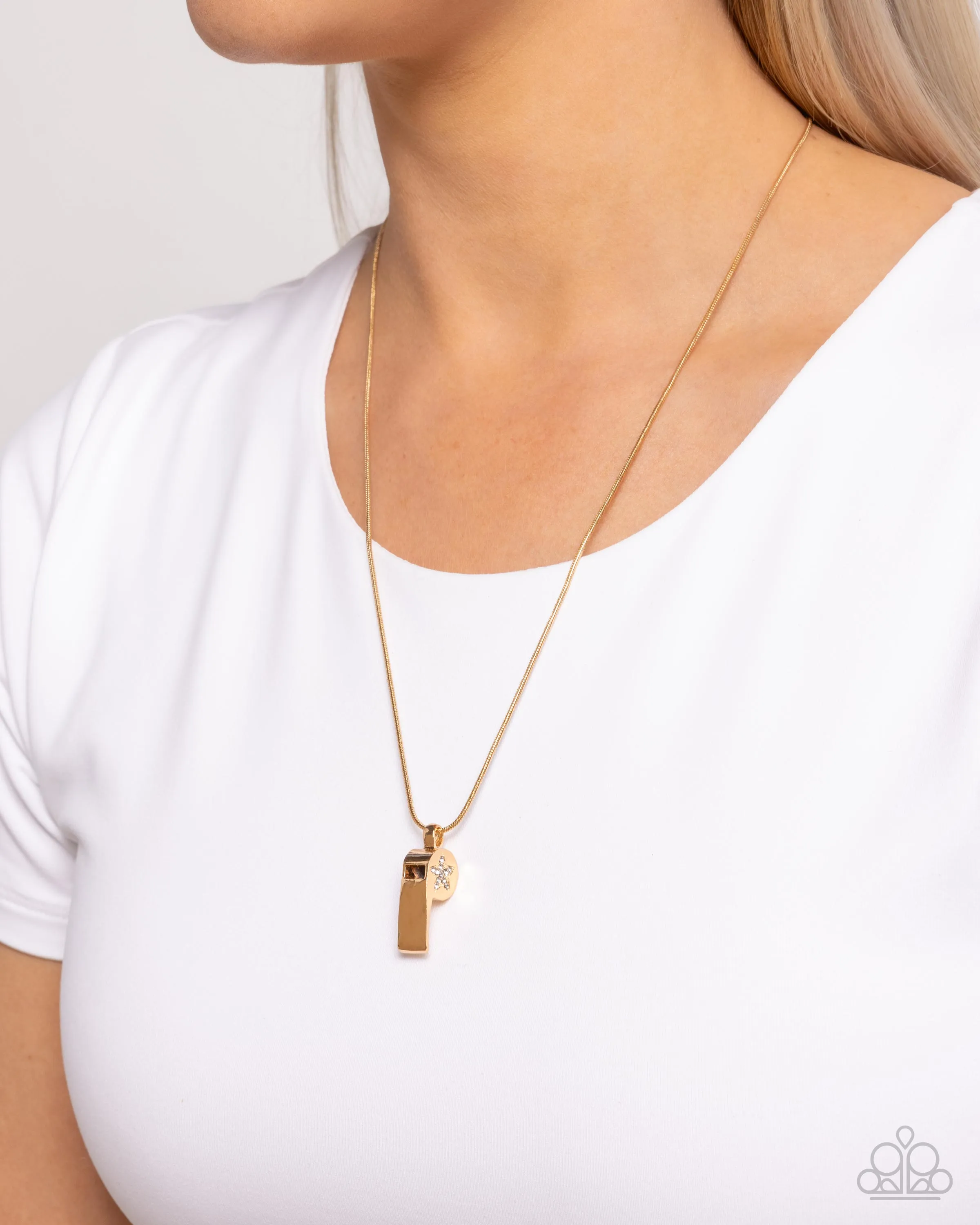 Coach Charisma - Gold - White Rhinestone Star Whistle Charm Paparazzi Short Necklace